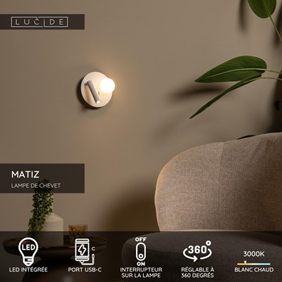 Lucide MATIZ - Lampe de chevet / Applique mural - Ø 16,5 cm - LED - 3000K - Point de rechargement USB - Blanc
